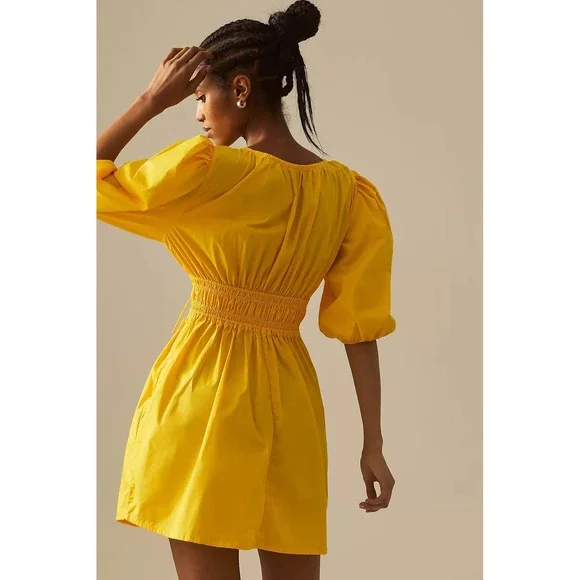 Faithfull The Brand Roma Tie Neck Mini Dress Yellow Puff Sleeve Size 8‎ - Picture 4 of 10